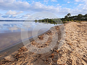 Sandy wild beach with water sky reflexion on Lake of Lacanau in Gironde france