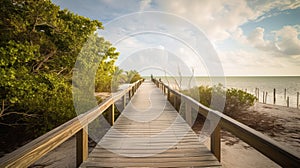 Sandy, wooden boardwalk on a tropical beach in the Florida Keys. Island ocean landscape.