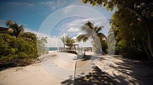 Sandy, wooden boardwalk on a tropical beach in the Florida Keys. Island ocean landscape.