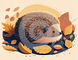A sandycolored hedgehog rolling through a pile of autumn leaves basking in the sunlight. Cute creature. AI generation photo