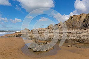 Sandymouth beach North Cornwall atlantic coast England UK with unusual beautiful rock formations near Bude