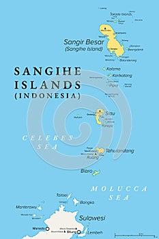 Sangihe Islands, group of islands in northern Indonesia, political map