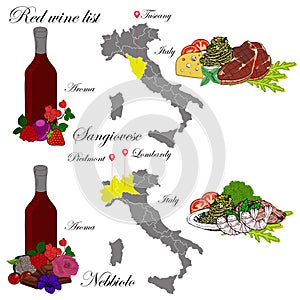 Sangiovese and Nebbiolo. The wine list. An illustration of a red wine.