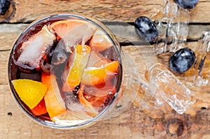 Sangria with ice, grapes and lemon