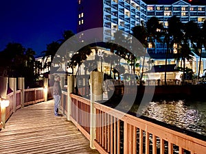 Sanibel Island Harbor Marriott walkway man nightlights