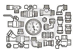 Sanitary engineering, plumbing set icons. Water supply, heating concept. Vector illustration