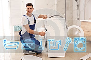 Sanitary engineering service. Plumber repairing washing machine in bathroom