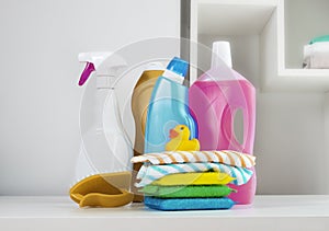 Sanitary items,cleaners.Colorful plastic sanitizing bottles.Desinfectants photo