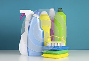 Sanitary items,cleaners.Colorful plastic sanitizing bottles.Desinfectants photo