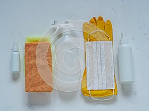 Sanitary medical background. Protection against viruses, medical gloves, cleaning wipes, protective masks and antiseptics are