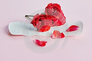 Sanitary napkin and flower on pastel pink background