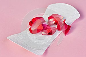 Sanitary napkin and flower petals on pink background