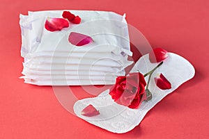 Sanitary napkin and flower on red background