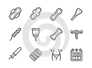 Sanitary pad and periods line flat icons set. Menstruation symbols.