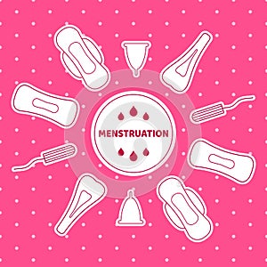 Sanitary pads, tampons and menstrual cup for personal sanitation. Vector illustration of feminine hygiene products for menstruatio