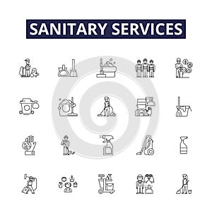 Sanitary services line vector icons and signs. Sanitation, Cleanliness, Sewerage, Waste, Disposal, Lavatories, Drains