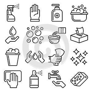 Sanitation ans Clean Icons Set on White Background. Line Style Vector