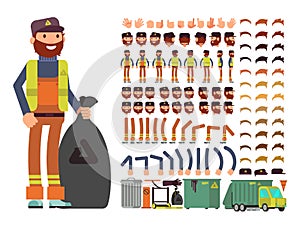 Sanitation worker vector man character. Creation constructor with set of body parts and garbage collection equipment photo