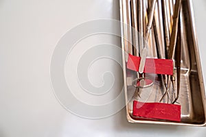 Sanitized metal tools for job of a dentist