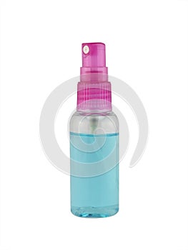 sanitizer alcohol spray in transparent bottle with purple lid isolated on white background