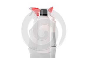 Sanitizer bottle. Empty clear plastic pump container set for antiseptic gel, cosmetic soap and mineral shampoo isolated on white.