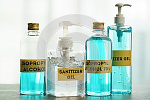 Sanitizer gel and Isopropyl alcohol for corona virus or Covid-19 protection photo