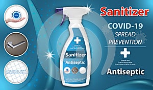 Sanitizer for hands and surfaces spray dispenser. Ads antiseptic in container. Best protection against viruses. Covid-19 spread