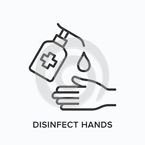Sanitizer line icon. Vector outline illustration of antibacterial treatment. Hand disinfection pictorgam