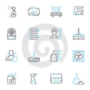 Sanitizing linear icons set. Disinfecting, Sterilizing, Purifying, Cleaning, Sanitizing, Antimicrobial, Germ-free line