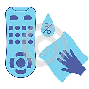 Sanitizing of TV remote. Cleaning remote control, color blue vector icon. Disinfection of TV clicker using antibacterial napkin.