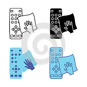 Sanitizing of TV remote. Cleaning remote control, outline, glyph, and color blue vector icon. Disinfection of TV clicker using