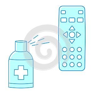 Sanitizing of TV remote. Remote disinfection. Disinfection of TV clicker using medical sanitizer. Sanitizing home items of daily