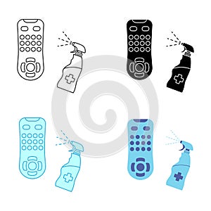 Sanitizing of TV remote. Remote disinfection. Disinfection of TV clicker using medical sanitizer. Sanitizing home items of daily