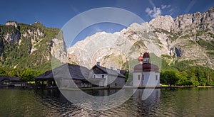 Sankt Bartholoma vor dem Watzmann on Konigsee lake in Berchtesgaden Alps Germany