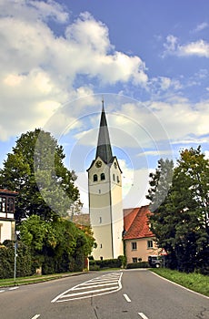 Sankt Georg Church Ratzenried, church tower in the village entrance, ArgenbÃ¼hl, Allgaeu, Baden-Wuerttemberg, Germany