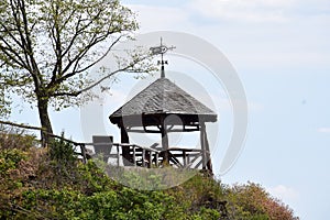 Sankt Goarshausen, Germany - 08 04 2022: Hut on Dreiburgenblick with a wind indicator