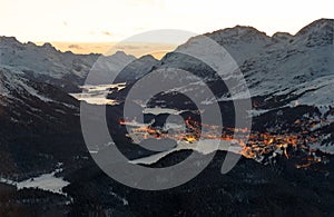 Sankt Moritz and the Engadine valley on the Swiss Alps at dusk