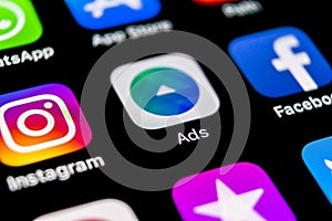 Facebook Ads application icon on Apple iPhone X screen close-up. Facebook Business app icon. Facebook Ads mobile application. Soci