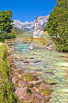 Sankt Sebastian pilgrimage church with alpine turquoise river alpine landscape view, Ramsau
