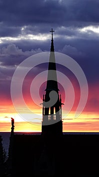 Visby cathedral tower at sunset in Gotland in Sweden photo