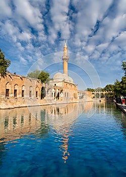 Sanli Urfa, Turkey: September 12 2020:  Halil-ur Rahman Mosque and Holy lake in Golbasi Park - Urfa, Turkey