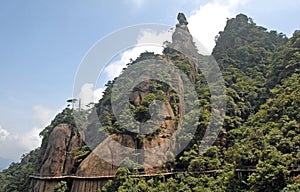 Sanqingshan Mountain in Jiangxi Province, China. Rocky outcrops and forested slopes on Mount Sanqing.