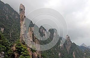 Sanqingshan Mountain in Jiangxi Province, China. View of Snake Rock or Python Rock, a rocky pinnacle on Mount Sanqing