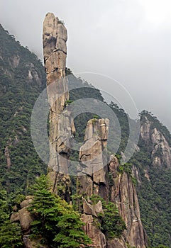 Sanqingshan Mountain in Jiangxi Province, China. View of Snake Rock or Python Rock, a rocky pinnacle on Mount Sanqing