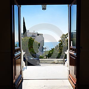 Sanremo, Italy, 2019: view of the mediterranean from the hotel veranda