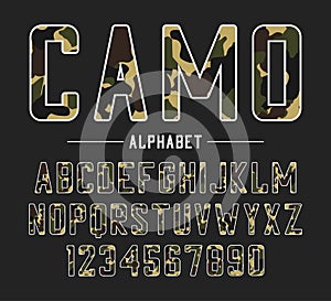Sans serif font with camouflage texture. Condensed bold typeface, high alphabet with numbers in military and army style. Vector. photo