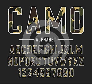 Sans serif font with camouflage texture. Condensed bold typeface, high alphabet with numbers in military and army style. Vector.