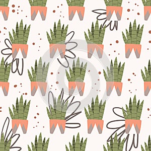 Sansevieria house plant seamless pattern hand drawn cartoon style background for textile.