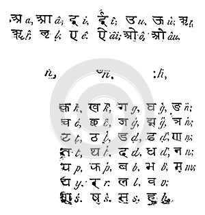 Sanskrit alphabet, vintage engraving