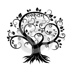 Sanskrit tree, logo. Devanagari letters grow on branches. The symbol of the language for wise people. The root elements are drawn